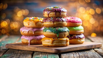Poster - A stack of colorful donuts with sprinkles and drizzled glaze on a wooden board with a bokeh background