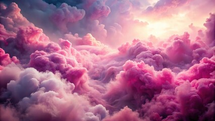 Aufkleber - A breathtaking aerial view of fluffy pink and white clouds illuminated by a warm golden light, creating a dreamlike celestial landscape.