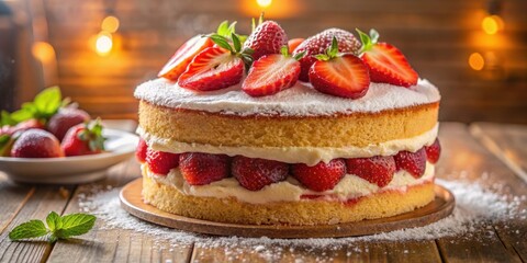 Poster - A Delicious Strawberry Cake with Whipped Cream and Powdered Sugar, Ready to Be Sliced and Enjoyed