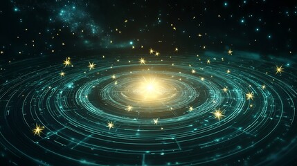 Poster - Brand loyalty illustrated glowing stars orbiting radiant central core in a futuristic design