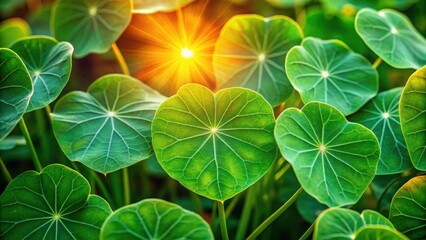 Poster - A cluster of heart-shaped green leaves bathed in the golden glow of the setting sun, showcasing nature's intricate details and vibrant hues.