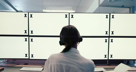 Poster - Computer, monitor and space for surveillance with woman in CCTV control room from back. Display, mockup and tracking markers on empty screen for crime prevention or security with person in headset