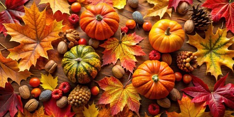 Poster - A vibrant autumnal tableau featuring pumpkins, maple leaves, acorns, and other seasonal elements, celebrating the colorful beauty of the fall season.