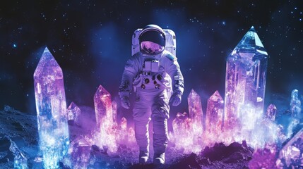 Wall Mural - An astronaut explores a vibrant alien landscape filled with colorful crystals.