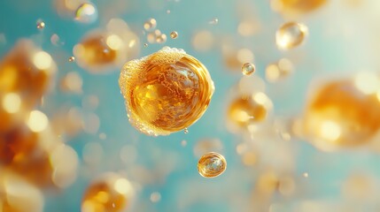 Poster - Golden liquid spheres floating in turquoise space with light reflections and bokeh effects create dreamy abstract composition for cosmetic and wellness designs.
