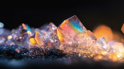 Poster - Luminous crystal formation with rainbow iridescent reflections on dark background, macro photography showing natural mineral structure in orange and blue tones.