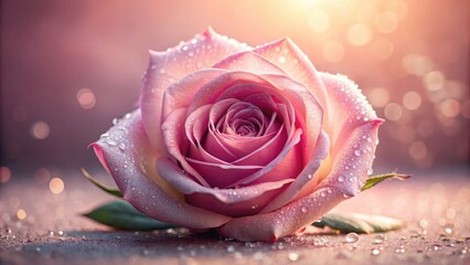 Poster - A Delicate Pink Rose Covered in Dew Drops Glistens in the Soft Light of Dawn