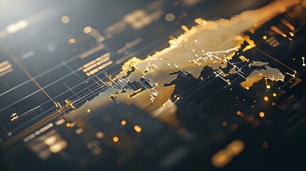 Poster - Global digital network visualization with glowing connections and world map silhouette on dark background with bokeh light effects and depth of field.