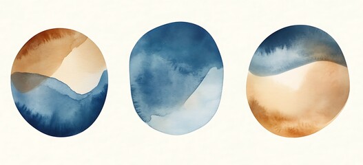 Wall Mural - Set of abstract wall art prints, in shades of blue and orange, with a grey background