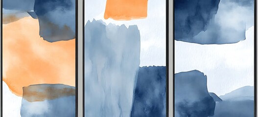 Wall Mural - Set of abstract wall art prints, in shades of blue and orange, with a grey background