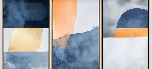 Wall Mural - Set of abstract wall art prints, in shades of blue and orange, with a grey background