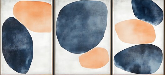 Wall Mural - Set of abstract wall art prints, in shades of blue and orange, with a grey background