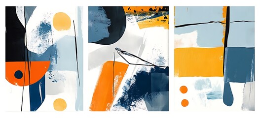 Wall Mural - Set of abstract wall art prints, in shades of blue and orange, with a grey background