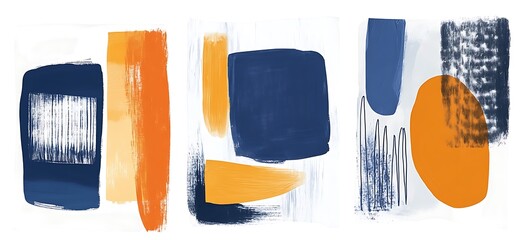 Wall Mural - Set of abstract wall art prints, in shades of blue and orange, with a grey background
