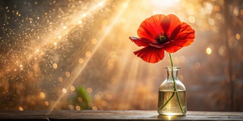 Aufkleber - Single red poppy flower in a glass vase on a wooden table with a soft golden light background