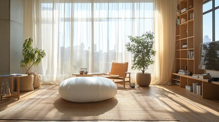 Wall Mural - bright and airy living room with large windows and cozy decor in modern apartment