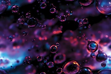 Poster - Ethereal water drops floating in cosmic purple and blue atmosphere with glowing red highlights create dreamy abstract macro background for creative projects.