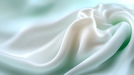 Poster - Elegant white and mint green flowing silk fabric creates soft waves and graceful curves against blurred background, suitable for luxury product presentations and abstract designs.