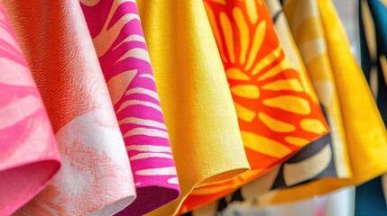 Poster - Vibrant fabric rolls showcasing intricate patterns in a bright, colorful textile display