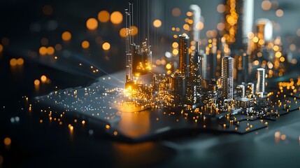 Poster - Miniature futuristic cityscape with glowing lights and bokeh effects on circuit board, creating magical technological atmosphere for business concepts.