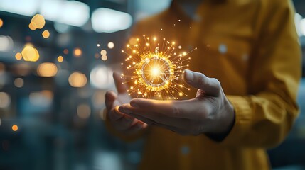 Poster - Woman holding glowing sparkler creating magical light effect with bokeh background in warm golden tones, concept of hope, celebration and wonder.