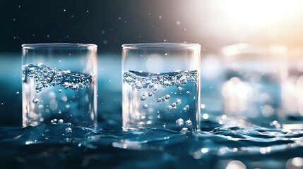 Poster - Crystal clear glasses filled with sparkling water and rising bubbles against blurred aqua background, creating refreshing and pure atmosphere with bokeh light effects.