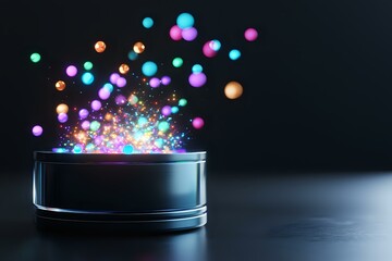 Poster - Glowing colorful particles bursting from metallic container on dark background, creating magical atmosphere with vibrant spheres of light floating upward.