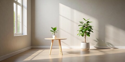 Aufkleber - A minimalist interior design with a wooden table and two potted plants, bathed in soft sunlight streaming through a large window.