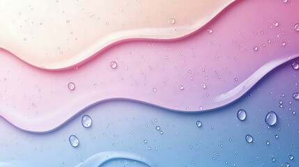 Poster - Smooth gradient waves in pastel pink and blue tones with water drops creating dynamic flowing pattern, abstract background for modern design projects.
