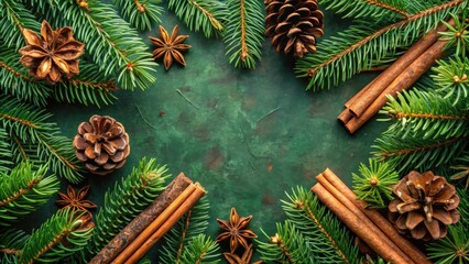 Poster - A Festive Arrangement of Evergreen Branches, Cinnamon Sticks, Pine Cones, and Star Anise on a Dark Green Background