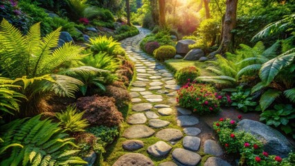 Aufkleber - A winding stone path through a lush garden, bathed in the golden glow of the setting sun, leading to an unknown destination.