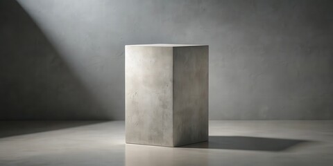 Poster - A simple, minimalist concrete pedestal with a subtle gray texture, illuminated by a diagonal ray of light, rests on a light gray surface, creating a striking contrast and a sense of space.