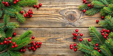 Poster - A festive winter scene with fresh pine branches and bright red berries scattered on a rustic woodgrain background.