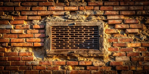 Aufkleber - A brick wall with a rusty metal vent covered by a wooden frame, sunlight casting warm shadows on the weathered surface