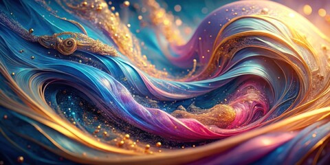 Poster - Abstract Swirling Tapestry of Blue, Purple, and Gold Hues with Glittering Stardust