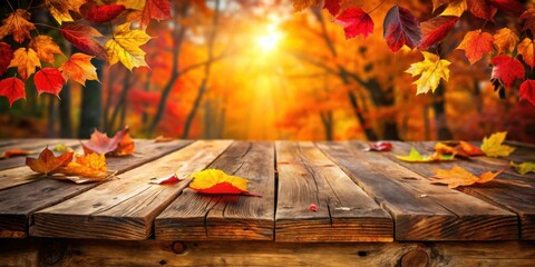 Poster - A Rustic Wooden Tabletop Set Against a Backdrop of Vibrant Autumn Foliage, Capturing the Essence of the Season