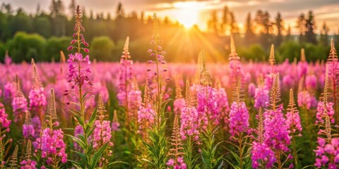 Aufkleber - A field of delicate pink wildflowers bathed in the warm glow of a setting sun, creating a breathtaking display of nature's beauty.