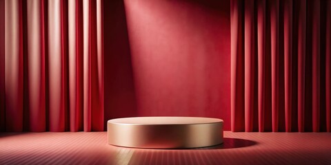 Leinwandbilder - A single golden circular podium sits before a backdrop of rich red velvet curtains, creating a dramatic and elegant stage for showcasing products or awards.