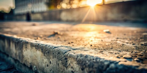 Aufkleber - Close-up of a concrete step illuminated by the golden rays of the setting sun, casting long shadows and highlighting the textured surface