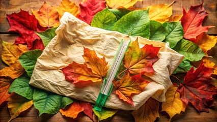 Poster - A soft, beige cloth draped over a collection of vibrant autumn leaves, showcasing the rich hues of nature's seasonal transition.