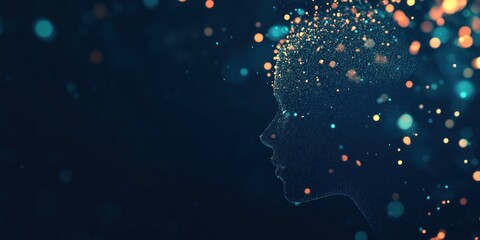 Poster - Abstract profile of a woman's face made of glowing particles on a dark background.