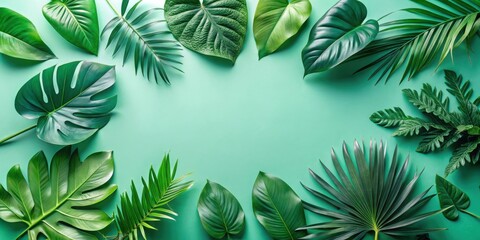 Fototapete - Tropical Leaf Frame Green foliage arranged in a circle, creating a natural border around a vibrant mint background.