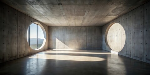 Leinwandbilder - Minimalist concrete room with two circular windows and sunlight streaming through, casting shadows on the floor