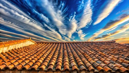 Poster - A terracotta roof with a pattern of overlapping tiles stretches towards a captivating sky adorned with wispy white clouds against a backdrop of vibrant blue