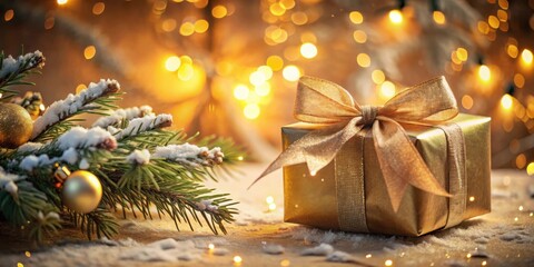 Aufkleber - A Festive Golden Gift Box Adorned with a Delicate Bow Under a Snowy Evergreen Branch and Warm Bokeh Lights