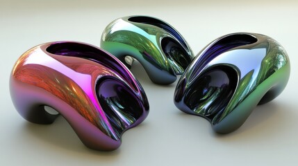 Poster - Three glossy, abstract sculptures reflecting vibrant colors on a smooth surface