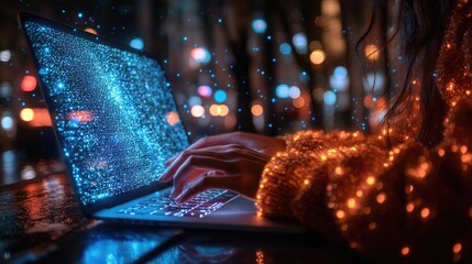 Poster - Night City Data Stream, Woman Working on Laptop with Glowing Screen