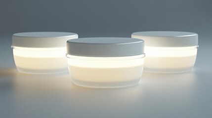 Poster - Three illuminated cosmetic containers arranged on a neutral background, showcasing their elegance