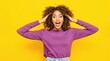 © Damir - A cheerful woman wearing a purple sweater, holding her head in excitement against a vibrant yellow background. Bright and expressive concept. Ai generative