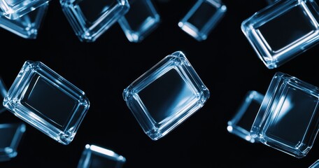 Poster - abstract blue glass cubes falling on black background.